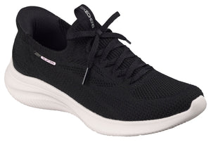 Black sneaker with white sole, lace-up closure, and 'SKECHERS' text on the tongue.