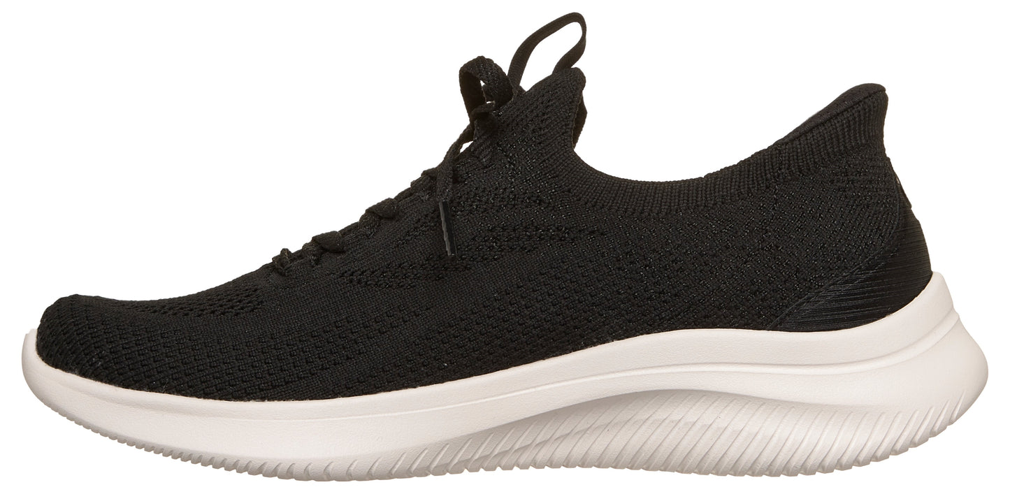 Black athletic shoe with white sole.