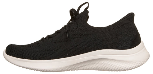 Black athletic shoe with white sole.