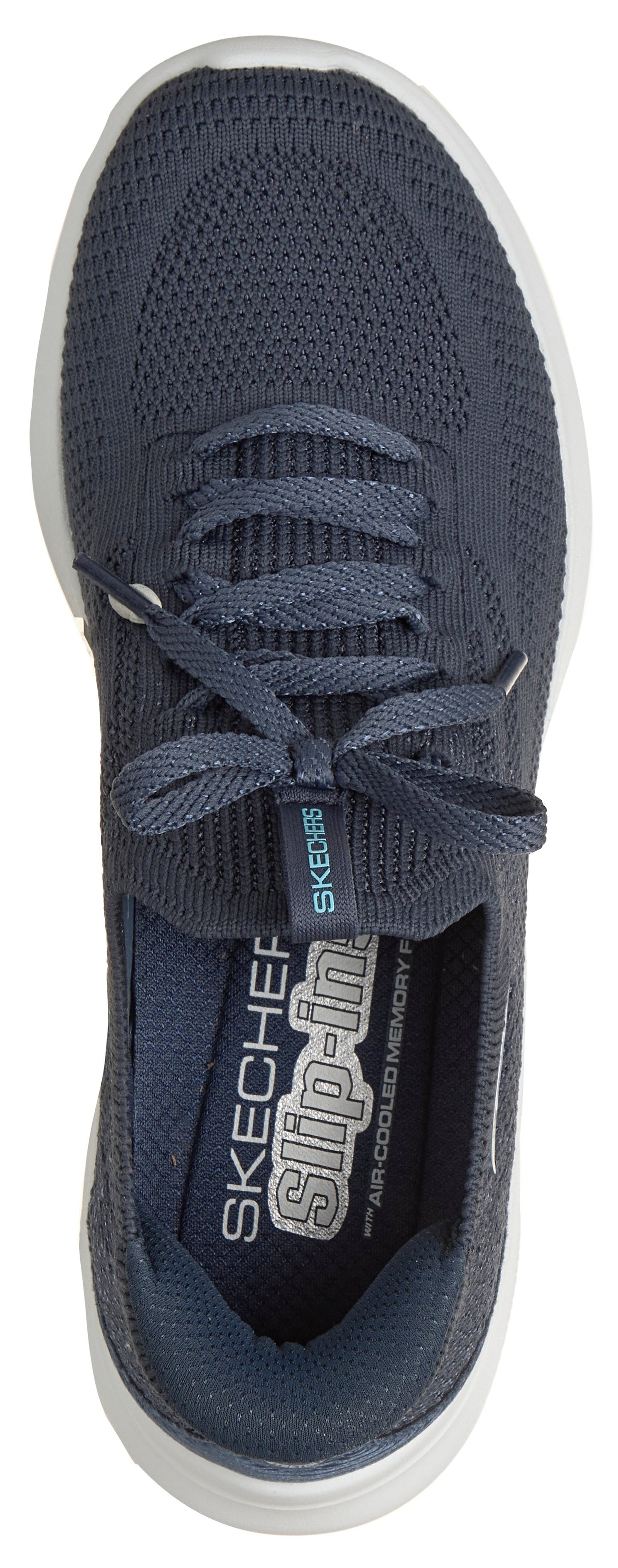 A navy blue shoe with white sole and shoelaces.