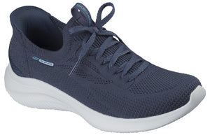 Dark-blue low-rise athletic shoe with white sole, lace-up closure, and text 'SLIP-INS' near the heel.