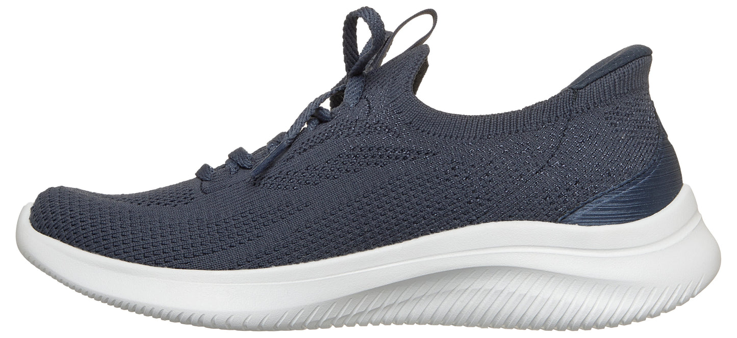 A navy blue slip-on athletic shoe with white sole.