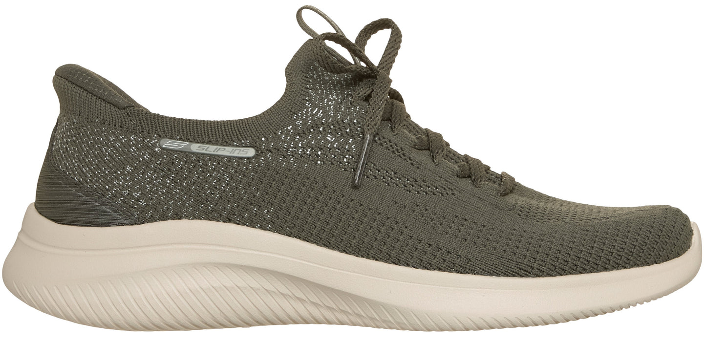 A low-top, lace-up sneaker in olive green knit mesh, featuring a white ribbed sole and the word SKECHERS visible on the side.