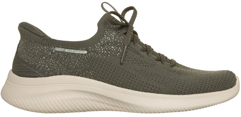A low-top, lace-up sneaker in olive green knit mesh, featuring a white ribbed sole and the word SKECHERS visible on the side.
