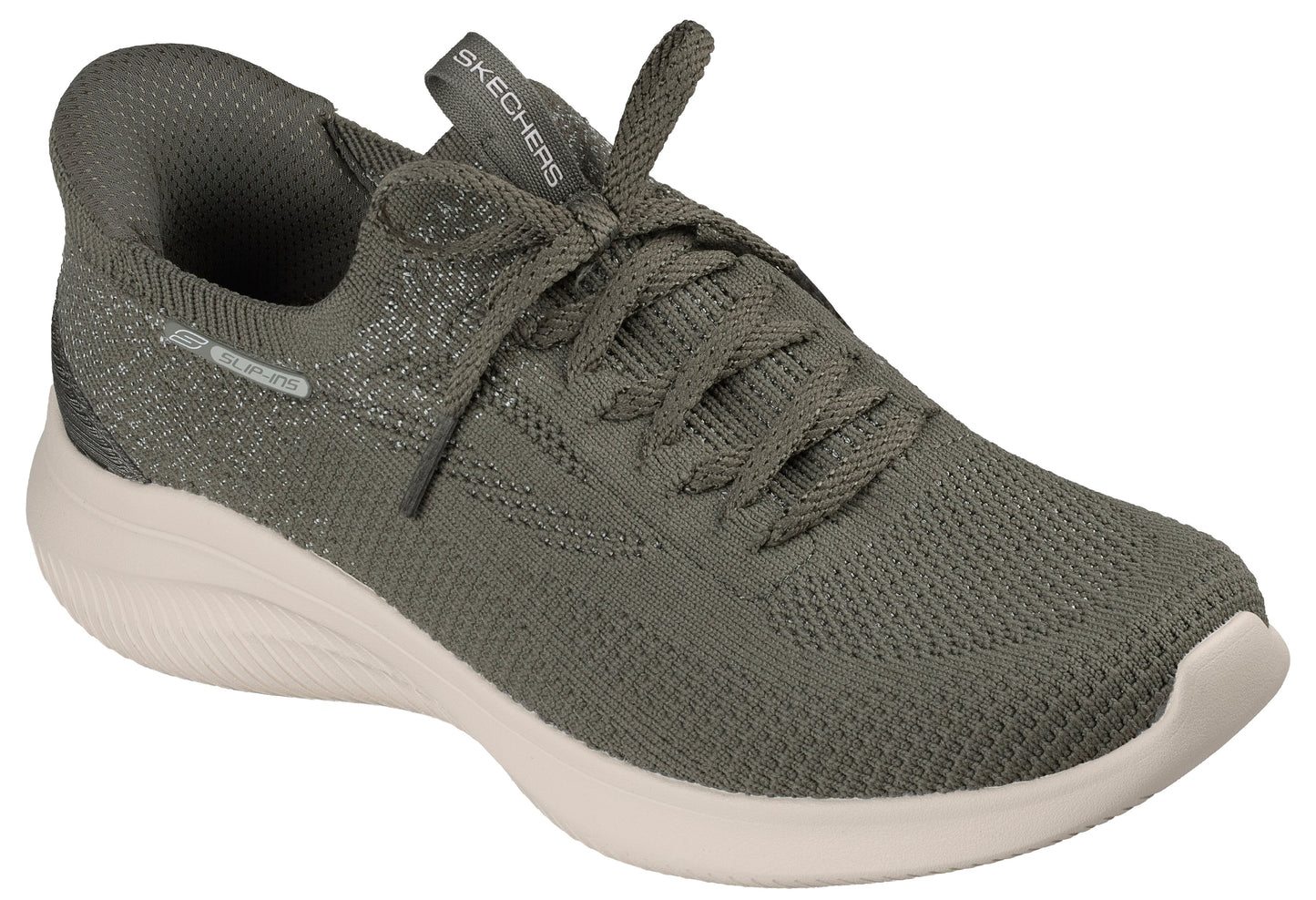 A slip-on sneaker in olive green knit mesh with a white foam sole, featuring matching olive green laces and the brand name printed on the tongue.