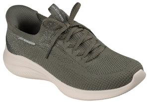 A slip-on sneaker in olive green knit mesh with a white foam sole, featuring matching olive green laces and the brand name printed on the tongue.