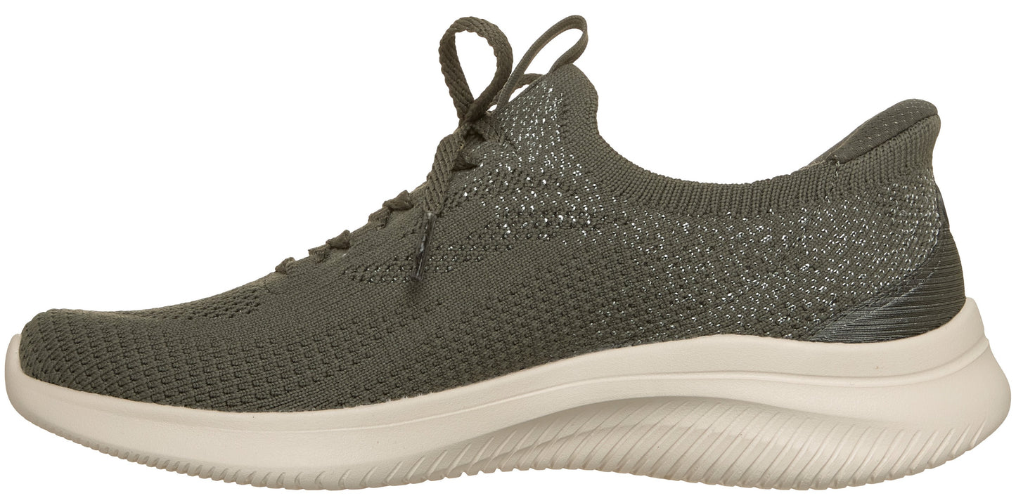 A profile view of a olive green, knitted lace-up sneaker with a thick, beige textured athletic sole.