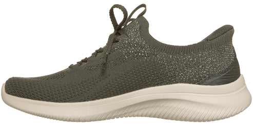 A profile view of a olive green, knitted lace-up sneaker with a thick, beige textured athletic sole.