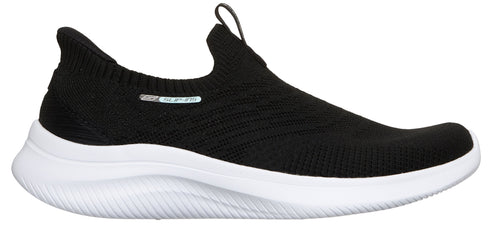 A black sock-style sneaker with a thick white sole.