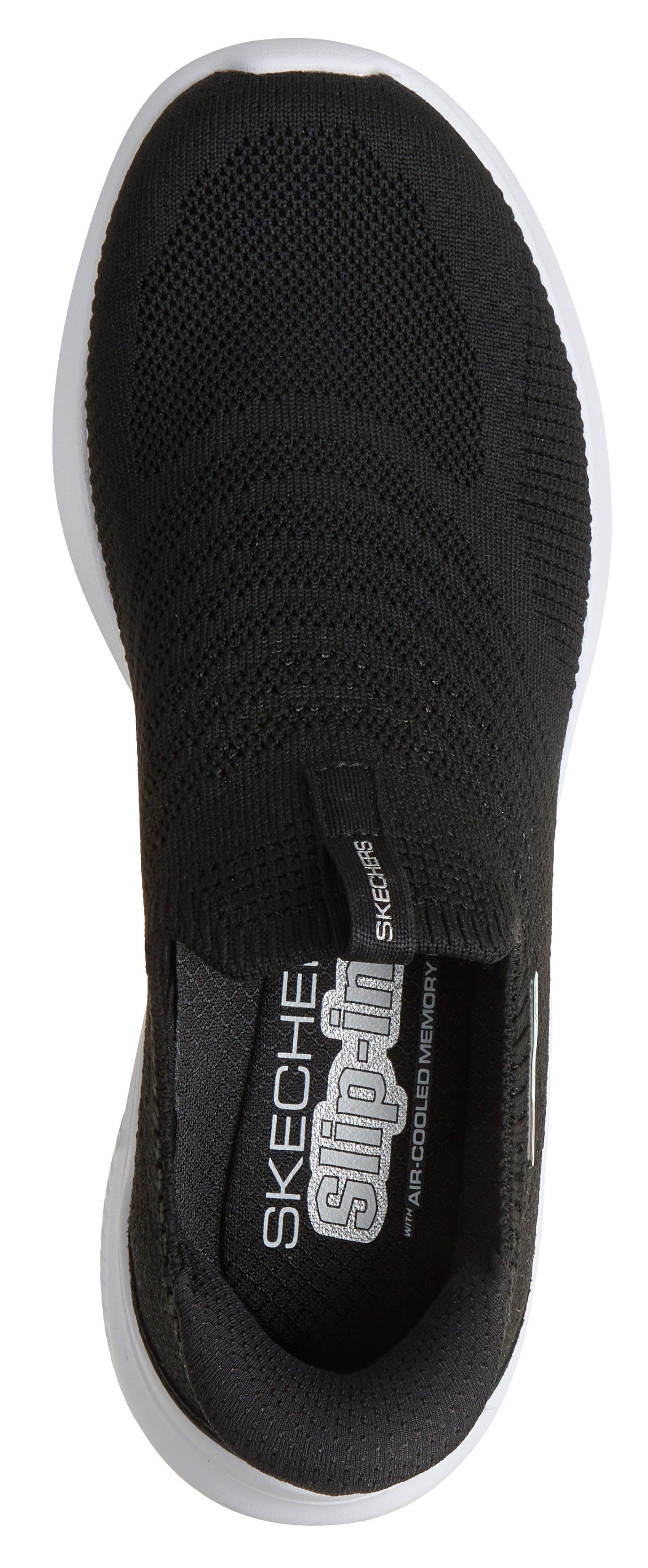 A black shoe with a white sole and slip-in air cooled memory.