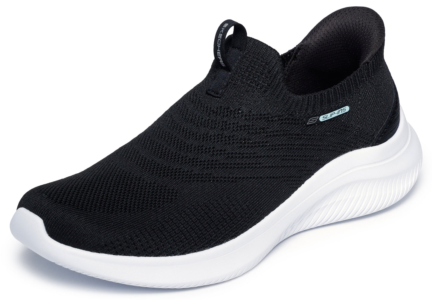 Black slip-on sneaker with white sole and "SLIP-INS" text near heel.