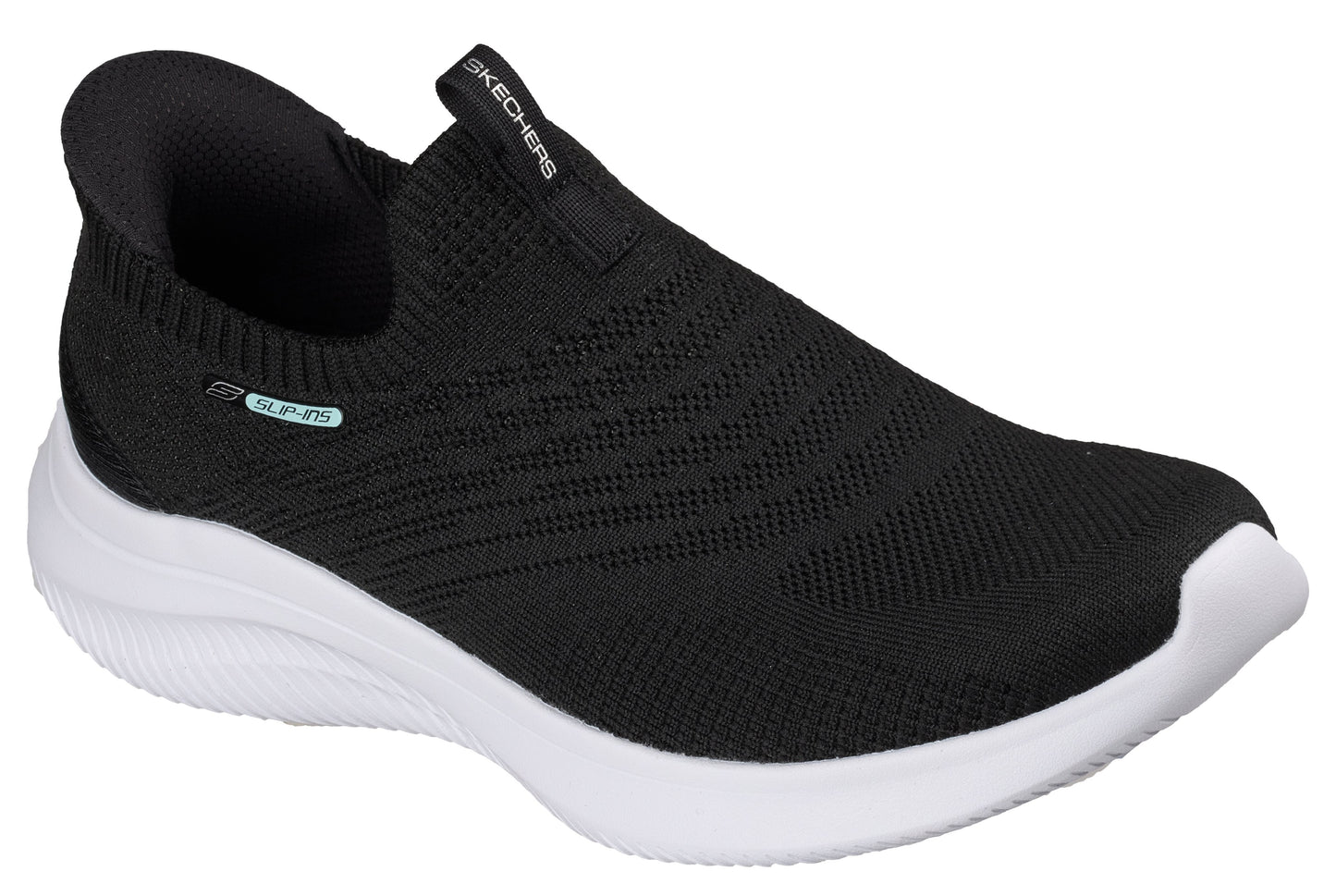 Black slip-on sneaker with a white sole and "Skechers" branding on the heel.