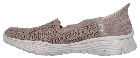 A taupe knit slip-on shoe with a white sole.