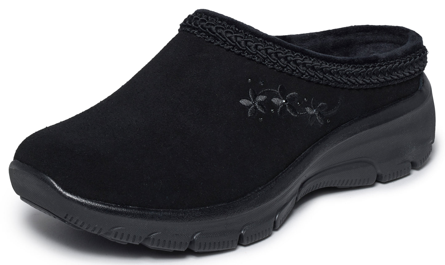 A black slip-on mule shoe featuring a faux suede upper, a braided trim around the collar, subtle embroidered floral detailing on the side, and a thick, textured black rubber sole.