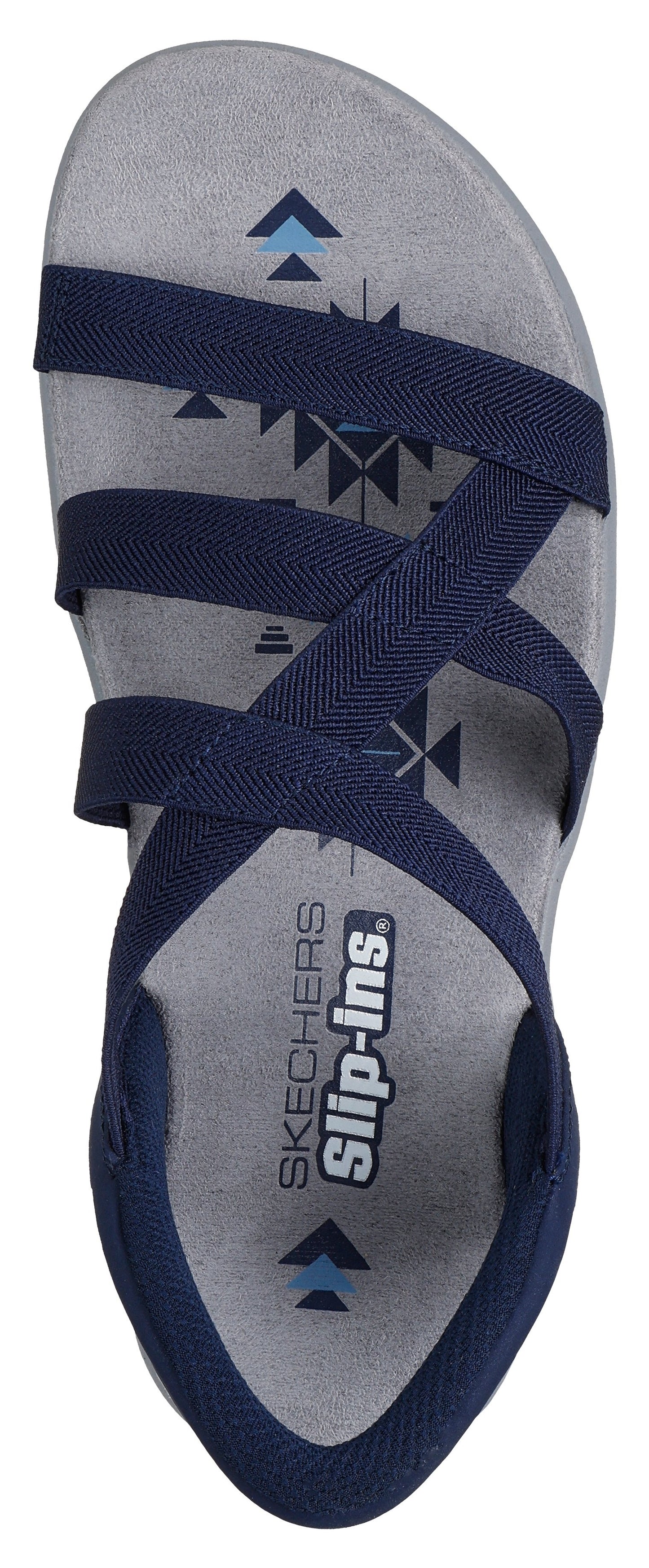 A navy blue sandal with multiple straps crossing over the top of the foot and the words 'SKECHERS Slip-ins' on the inner sole.
