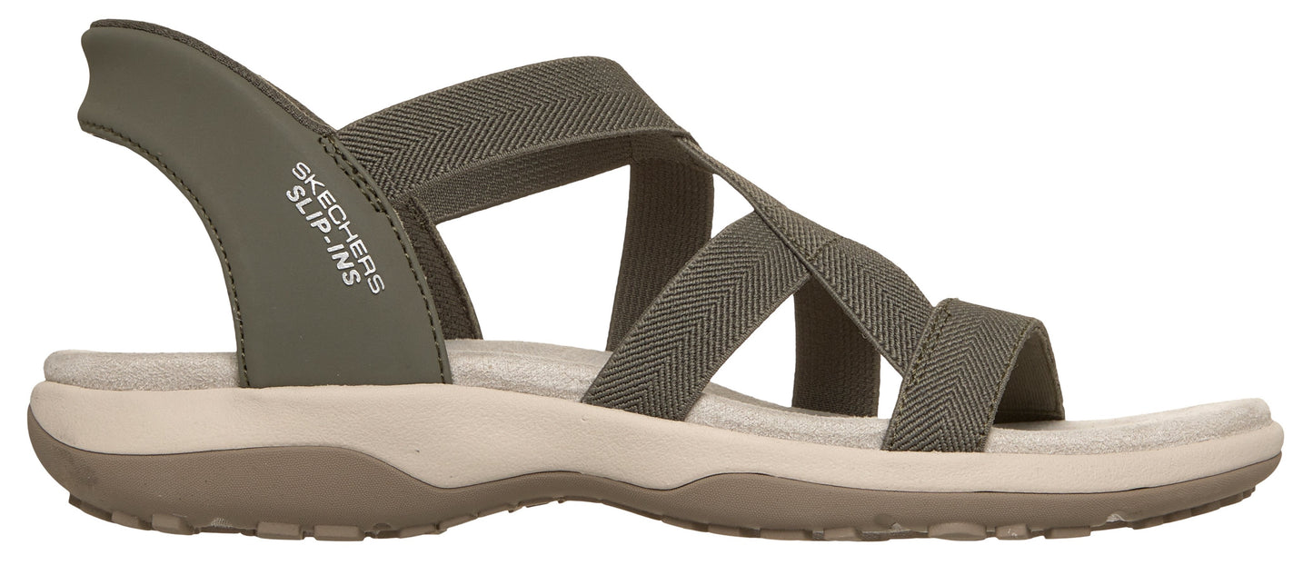A Skechers Slip-Ins olive green sandal with multiple straps.