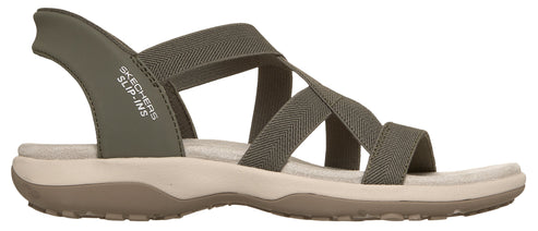 A Skechers Slip-Ins olive green sandal with multiple straps.