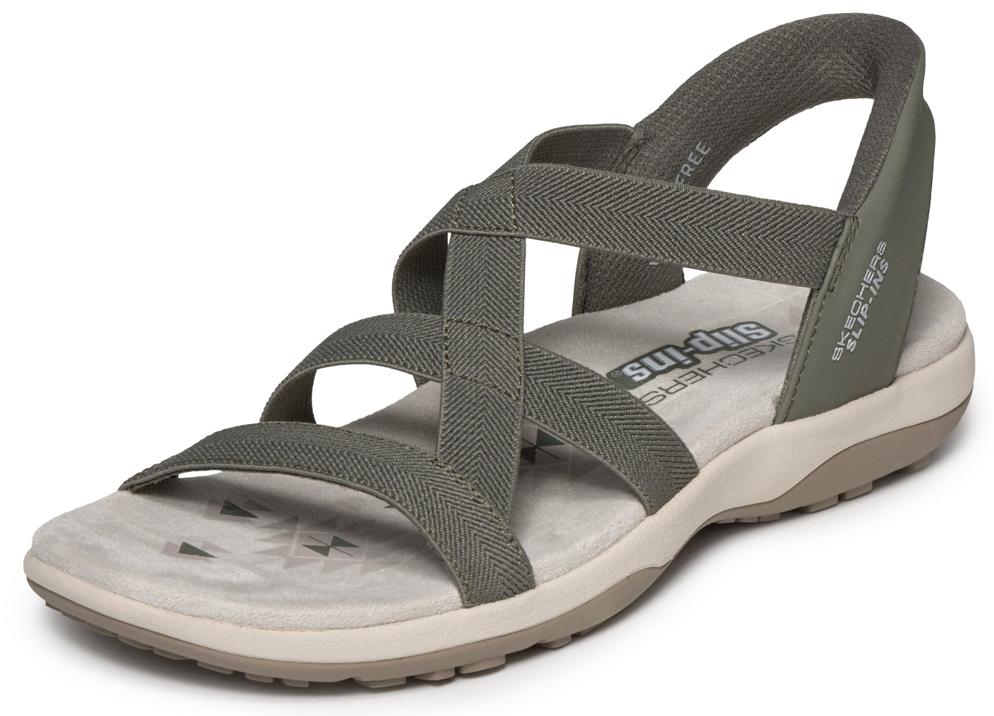 Sandals with multiple elastic straps and the text "Slip-ins" visible on the insole.
