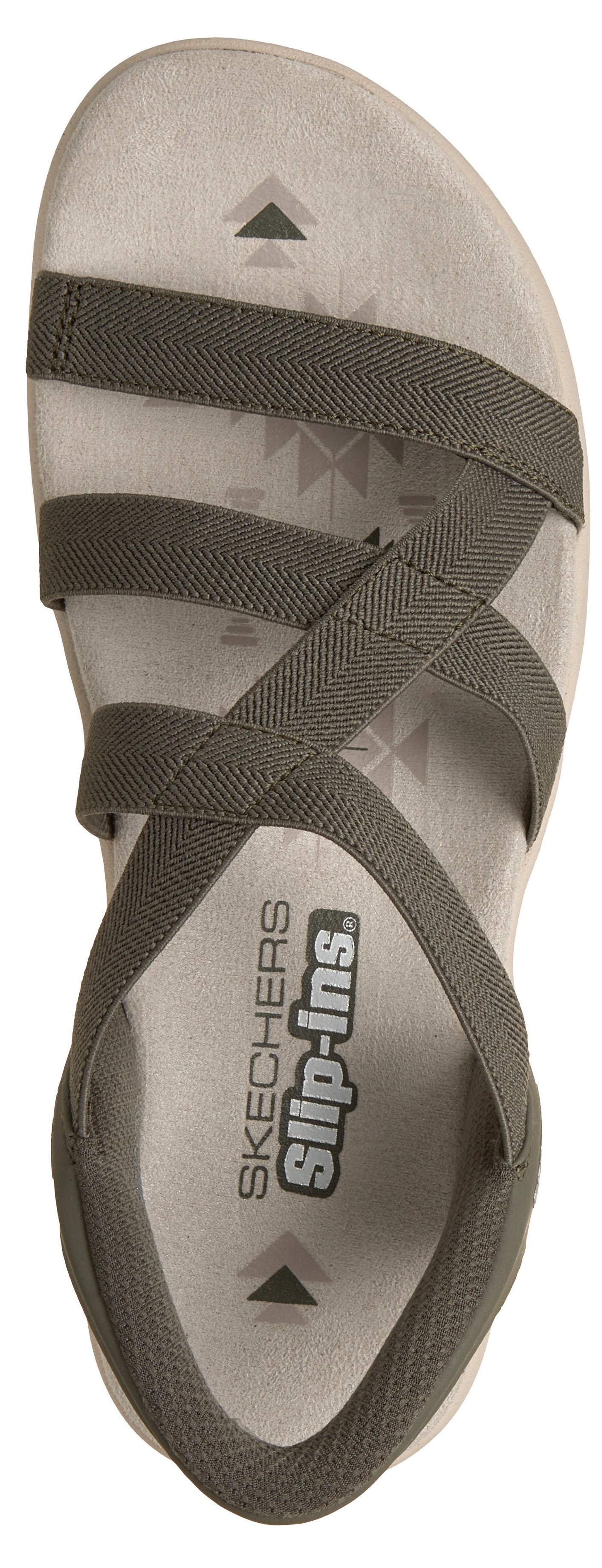 Overhead view of a sandal with multiple straps and the word Slip-Ins