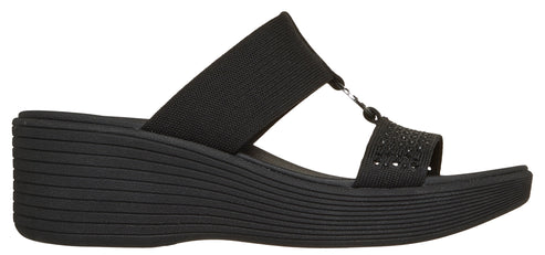 Black wedge sandal with two straps.