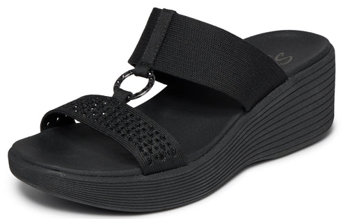 A black, open-toed sandal with two elastic straps across the top of the foot and a wedge heel.