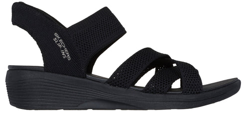 Black sandal with criss-cross straps and "SKECHERS SLIP-INS" text on the heel strap.