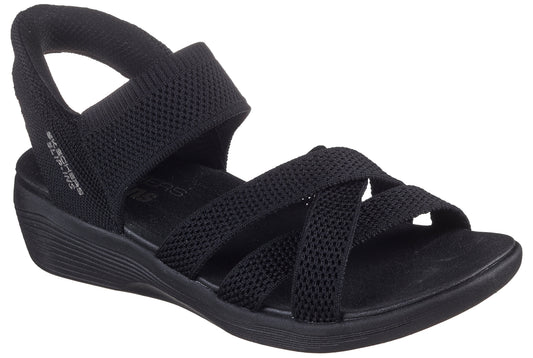 Black sandal with criss-cross straps and a heel strap.