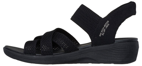 A black sandal with a criss-cross upper and back strap with "SKECHERS SLIP-INS" text.