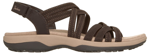 Brown sandal with multiple crisscrossing straps and adjustable ankle strap.