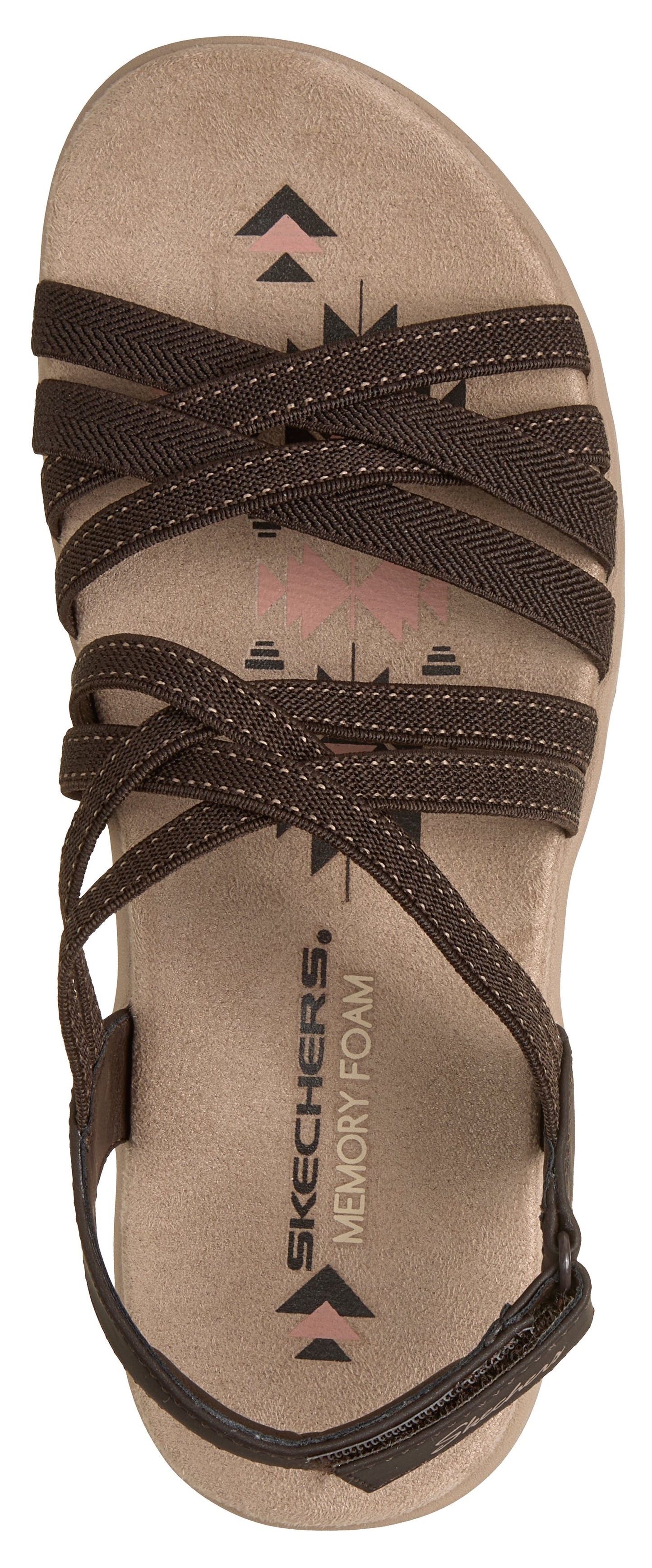 A sandal with brown straps and a tan sole with SKETCHERS MEMORY FOAM printed on it.
