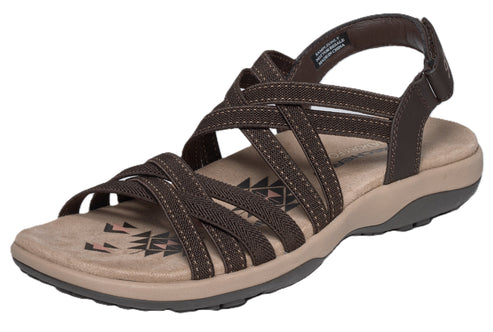 Brown women's sandal with multiple crisscrossing straps and adjustable heel strap.