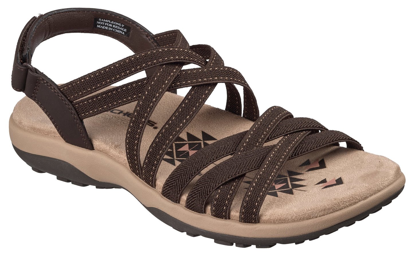Brown sandal with multiple crossing straps and a heel strap.