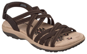 Brown sandal with multiple crossing straps and a heel strap.