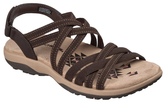 Brown sandal with multiple crossing straps and a heel strap.