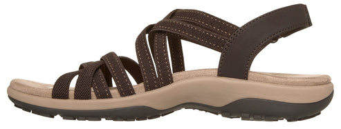 A brown crisscross sandal with a slingback strap.
