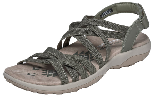 Olive-green sandal with interwoven straps and velcro ankle fastener.