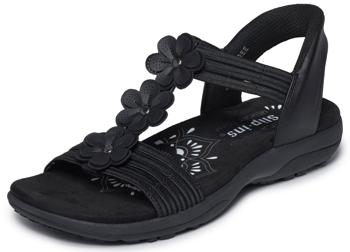 Black sandal with flower embellishments and 'Slip-ins' logo.