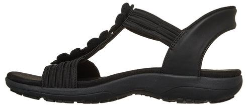 Black sandal with flower detail.