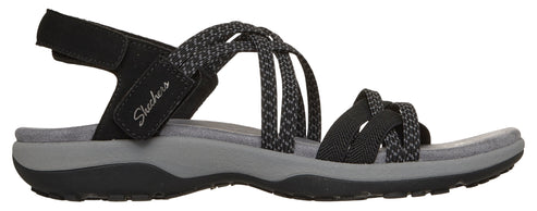 Black sandals with multiple straps and adjustable heel.