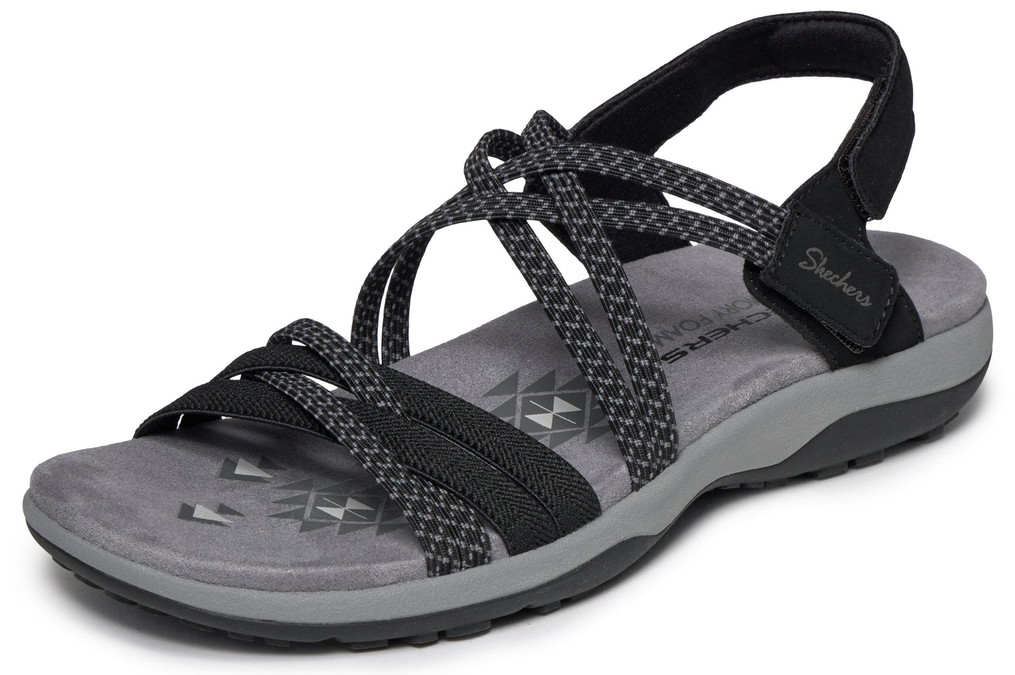 Black multi-strap sandal with elastic heel strap and gray sole.