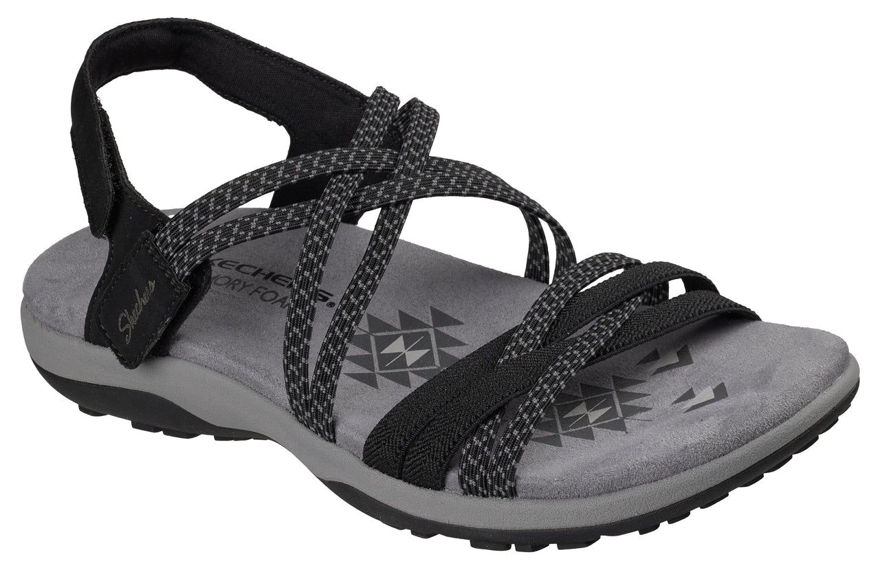 Black sandal with thin straps and a memory foam footbed.