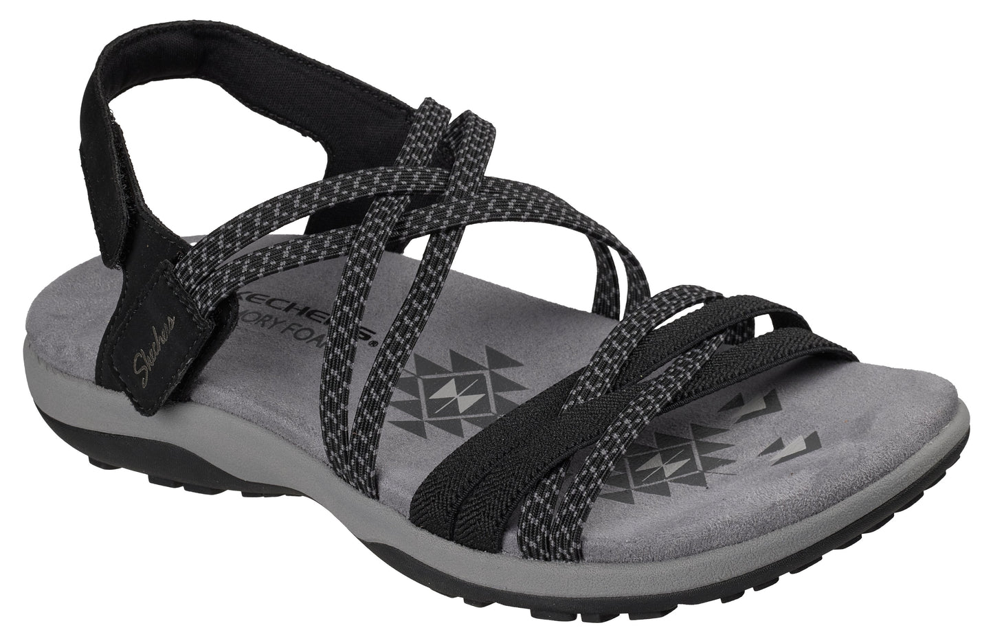 Black sandal with thin straps and a memory foam footbed.
