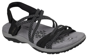 Black sandal with thin straps and a memory foam footbed.