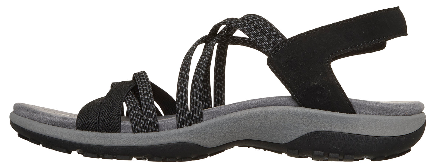 A black strappy sandal with an elastic heel strap.