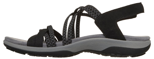 A black strappy sandal with an elastic heel strap.
