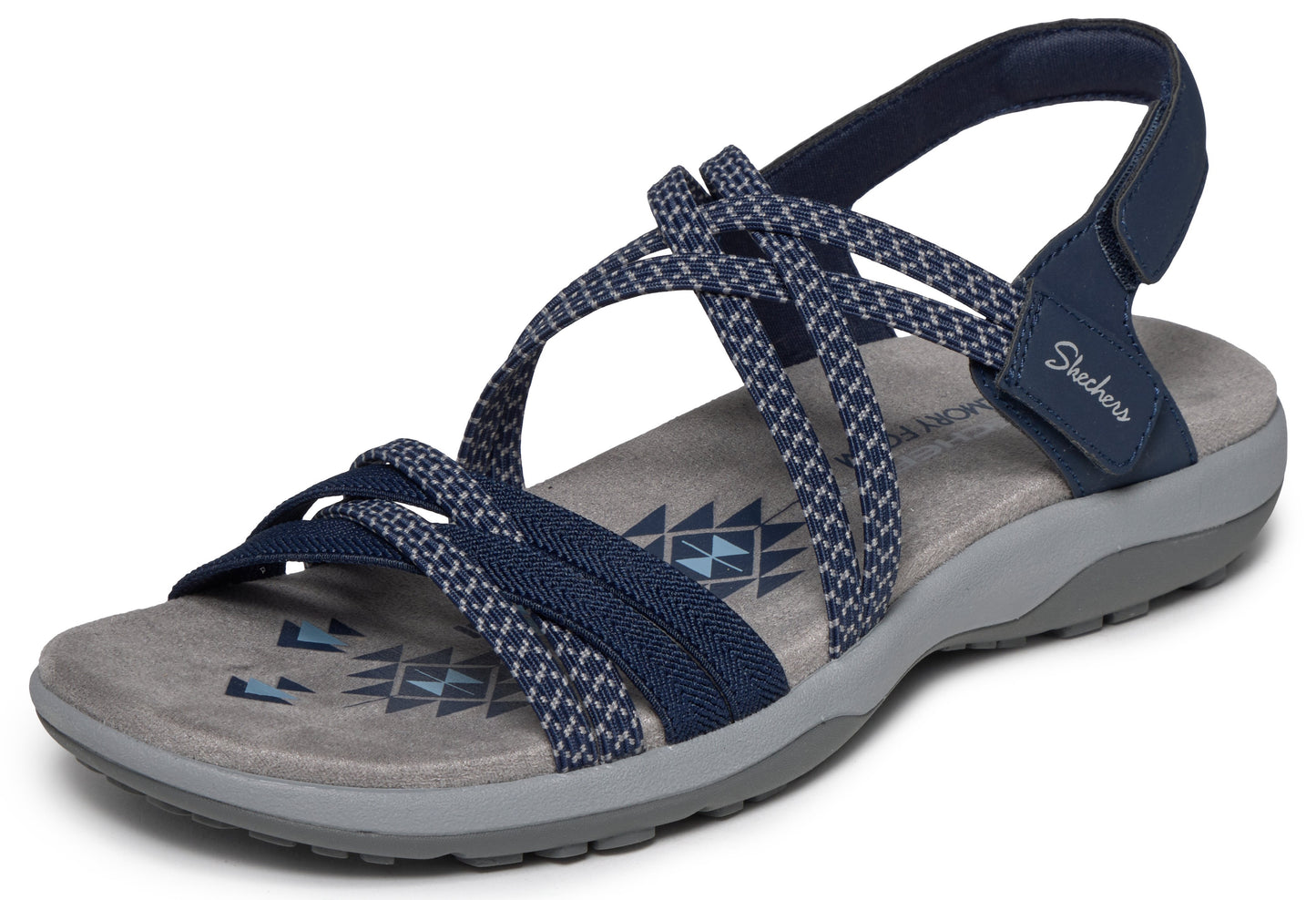 Navy blue sandal with multiple patterned straps, gray sole and "Skechers" text near heel.