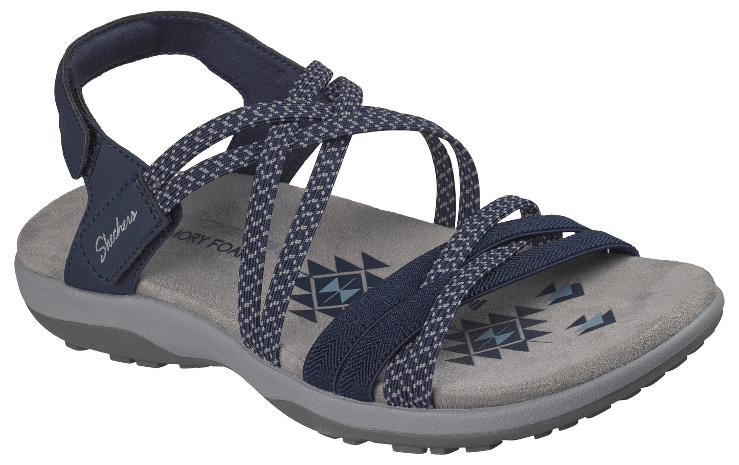 Navy sandal with multiple straps, velcro ankle strap and memory foam footbed.