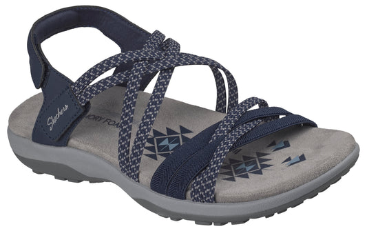 Navy sandal with multiple straps, velcro ankle strap and memory foam footbed.