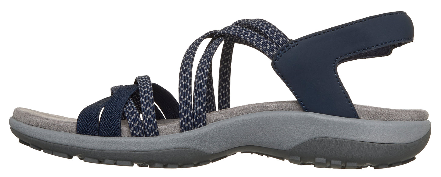 Navy sandal with crisscrossing straps and slingback.