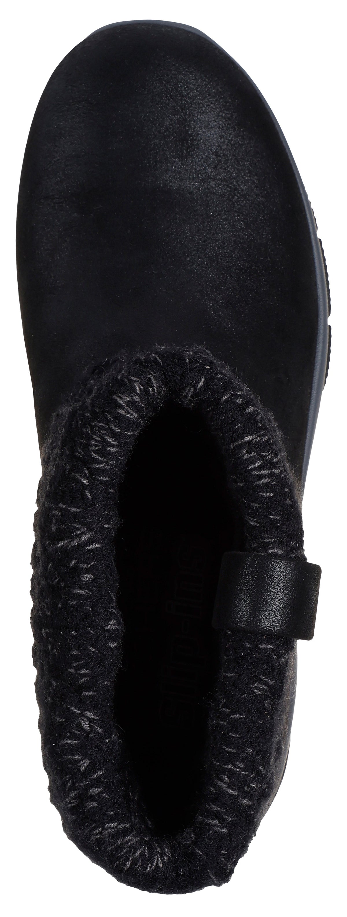 A top-down view of a black, ankle-high boot with a rounded toe and a fuzzy, textured black faux-fur collar.